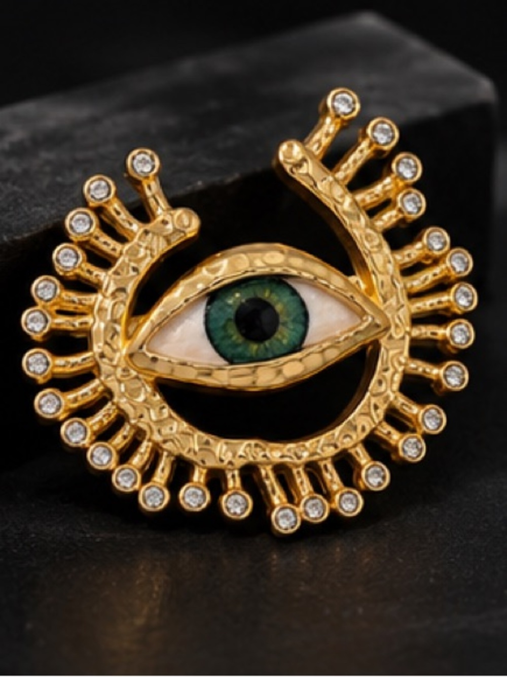Celeste Eye Sculptural Gold Brooch Green Enamel Crystal Pin